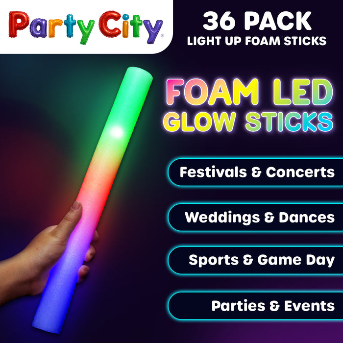 Party City LED Foam Light Up Glow Sticks - 36pk