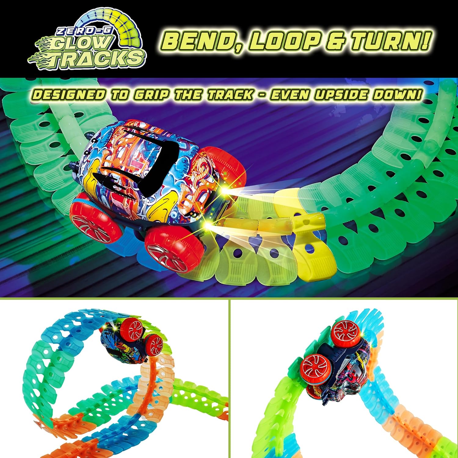 USA Toyz Zero-G Glow Race Track For Kids- 60pcs Glow In The Dark Flexible Race Track Set With Suction Cups, Slot Car, Graffiti Toy Cars Shells, STEM