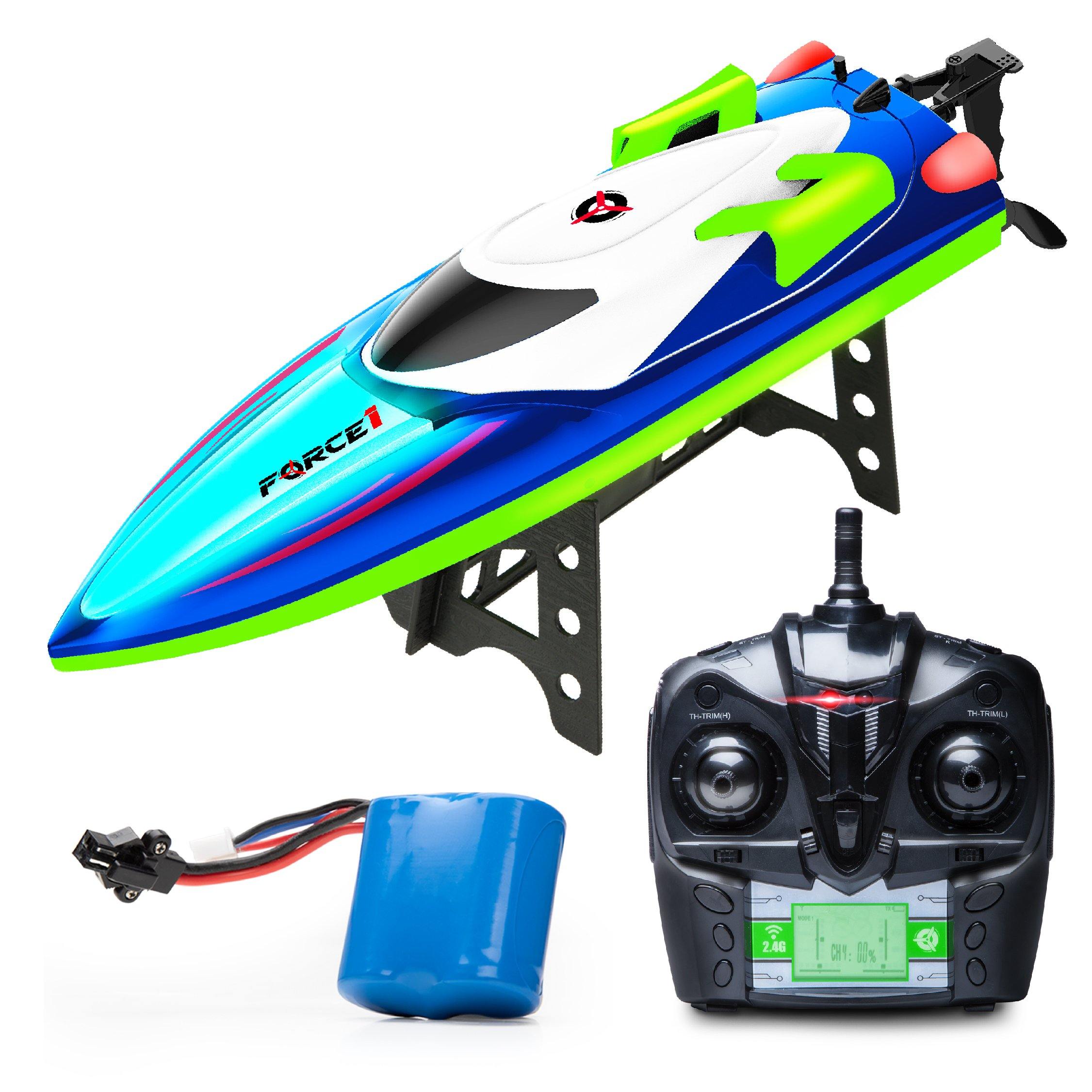 Force1 Velocity LED RC Boat with 20+ mph Speed, Remote Control, and Rechargeable Toy Boat Battery - USA Toyz