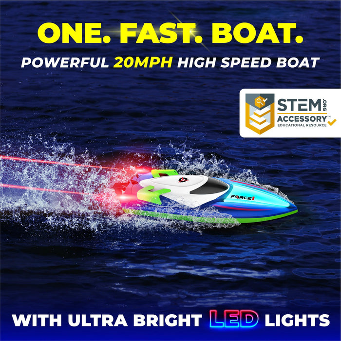 Force1 Velocity LED RC Boat with 20+ mph Speed, Remote Control, and Rechargeable Toy Boat Battery - USA Toyz