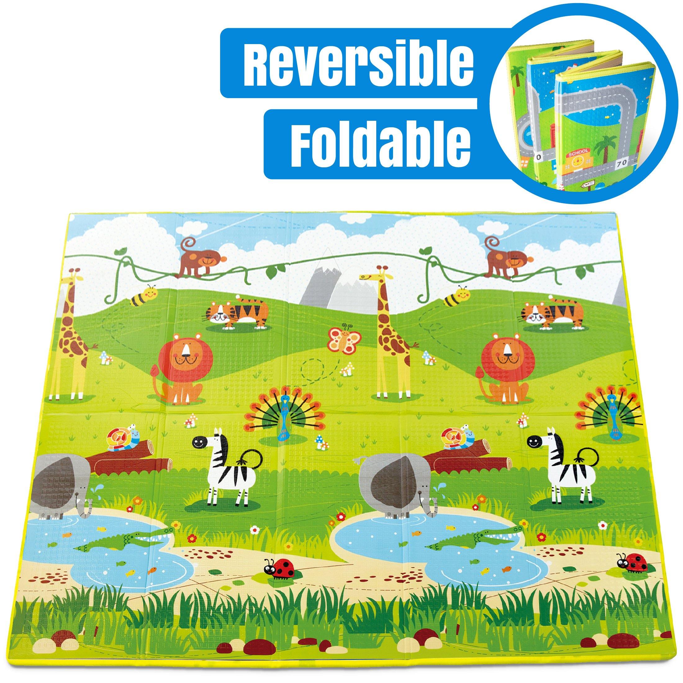 Comfortable foam play mats perfect as indoor or outdoor mats for playing and crawling. Folding play mats contain no BPA makes it safe for babies 3 months and up to crawl on.